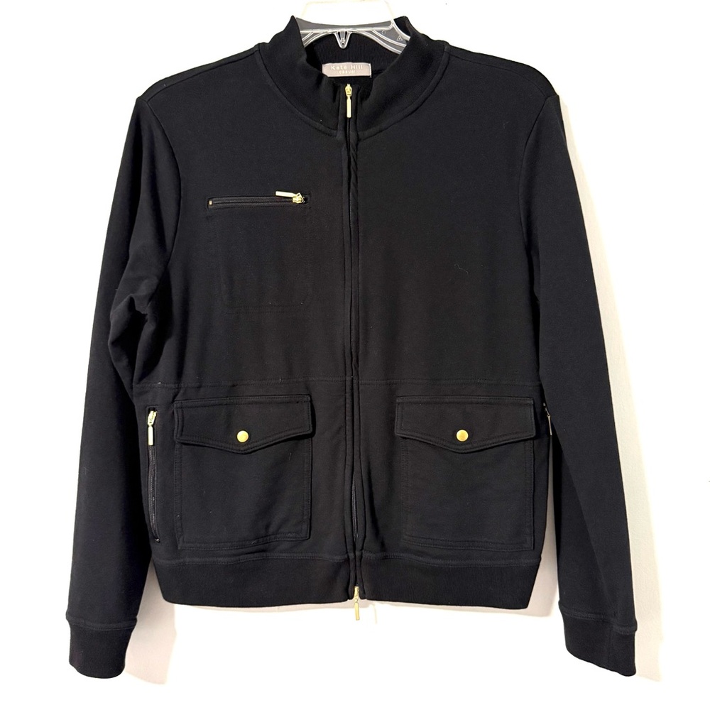 Kate Hill Women’s Jacket Black Zip‎ Front Goldtone Hardware Pockets M